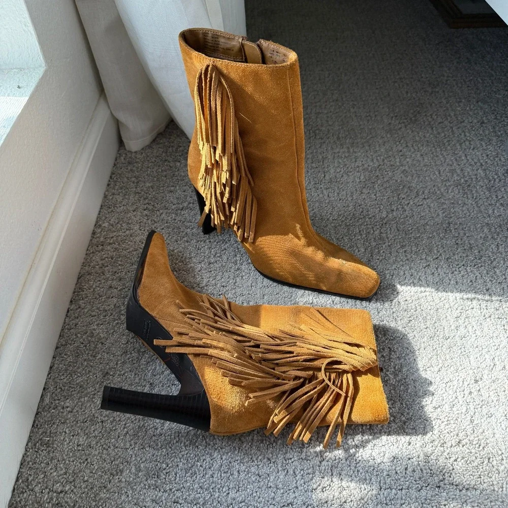 Y2K Vintage Suede Square Toe Fringe Ankle Boots 8.5 Camel Western‎ Boho Cowgirl